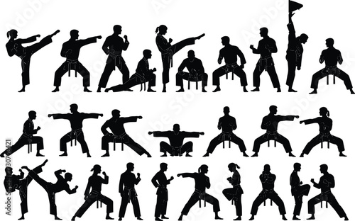 Martial arts fighter silhouettes collection, karate taekwondo training poses, combat action stances, isolated black figures, flat vector illustration set