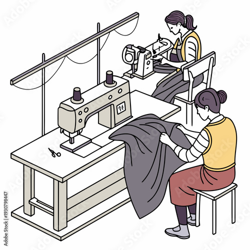 Women working at sewing machines in a garment factory interior