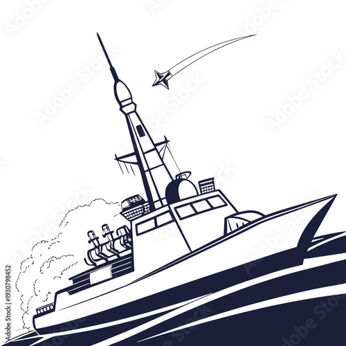 Naval combat ship with active missile launch and fighter jet