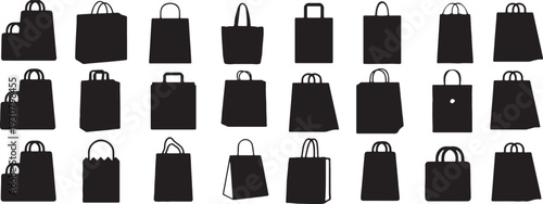 Assortment of Black Shopping Bag Silhouettes Keywords: shopping bag, tote bag, paper bag, handle