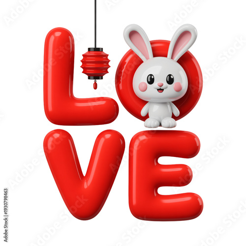 Cute White Bunny with Red Heart and Honeycomb in 3D Rendering with Bright Red Color for Valentines Day Greeting Card