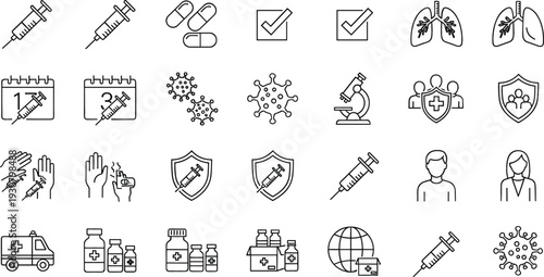 Vaccination and Healthcare Outline Icon Vector Set with Syringe Shield Virus and Medical Protection Symbols