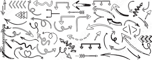 Assortment of Hand- Drawn Arrows and Symbols Keywords: arrow, direction, pointer, symbol