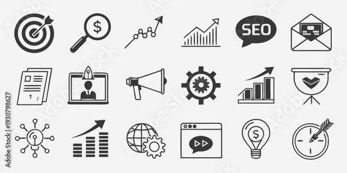 Collection of icons representing various business and marketing concepts