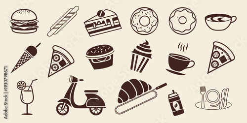 Assorted icons representing various objects and activities in black and white
