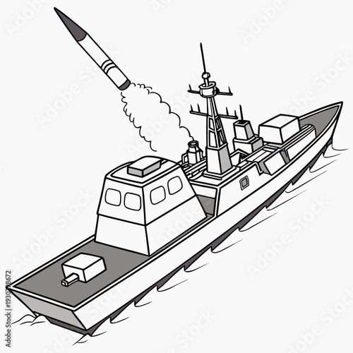 Gray military combat boat with missile launcher on deck