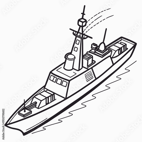 Black and white ocean combat ship with missile launcher