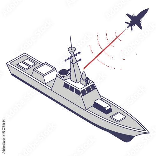 Gray naval combat ship with missile defense system and fighter jet