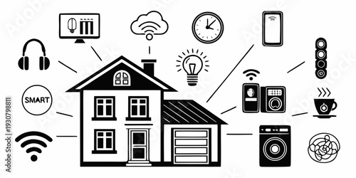 Modern home filled with various smart devices and appliances.