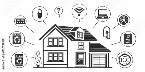 A house with various smart home devices and appliances depicted around it.