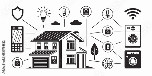 A detailed illustration of a smart home with various connected devices and features