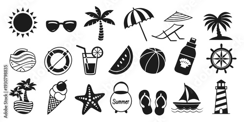 Assorted beach and summer vacation icons in black and white