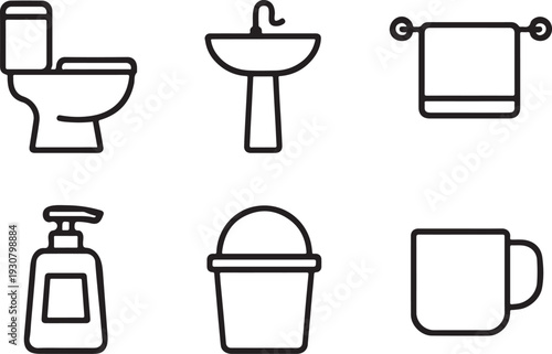 Bathroom Essentials Icons Set Toilet Sink Towel Soap Dispenser Bucket Cup Outline