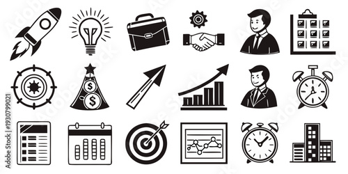 A diverse collection of icons representing various objects and activities