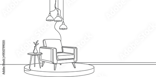 Minimalist Living Room Interior Line Art with Armchair Side Table and Pendant Lights Modern Outline Illustration