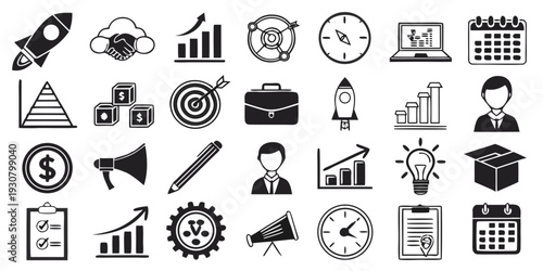 A diverse collection of icons representing various aspects of business and finance