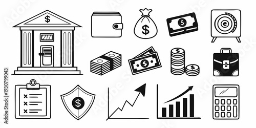 A collection of icons representing various aspects of finance and business.