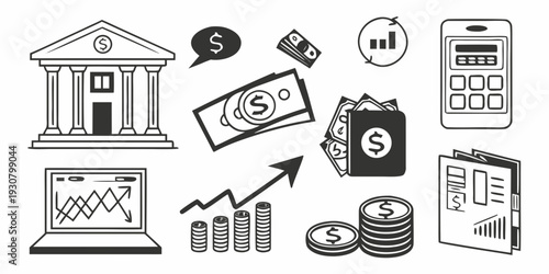 Diverse icons representing various aspects of finance and banking services