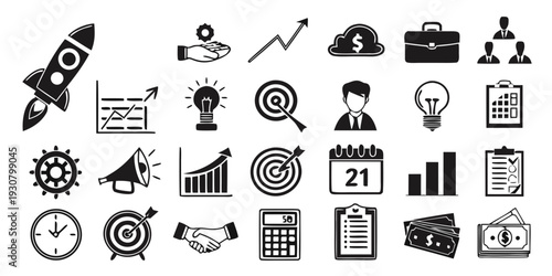 A diverse collection of icons representing various business and finance concepts.