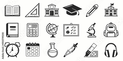 A collection of icons representing various educational tools and subjects.