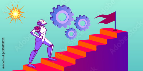 Businessman climbing success stairs symbolizing career development, leadership progress, motivation, professional achievement, and personal growth in modern flat design.