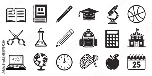A collection of various educational icons representing different subjects and tools.
