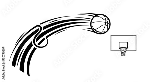 Dynamic Basketball Flying Towards Hoop with Speed Lines Black and White