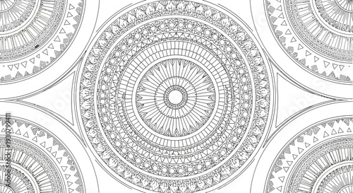Intricate seamless monochrome mandala pattern with detailed circular geometric elements, line art drawing on an isolated white background.