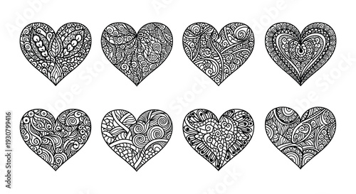 Intricate black and white heart designs arranged in two rows