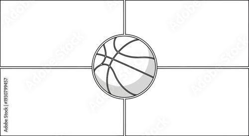 Classic basketball with subtle shading centered on a white design grid background, illustrating fundamental sport equipment.