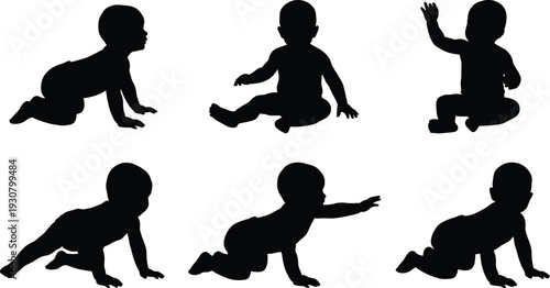 Baby silhouettes set, crawling sitting infant poses vector illustration isolated on white background child development collection