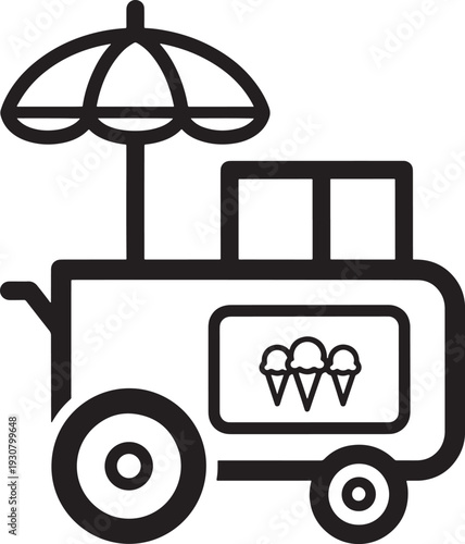 Classic Ice Cream Push Cart with Umbrella and Cone Icon Sign, Representing Summer Treats and Mobile Vending Businesses