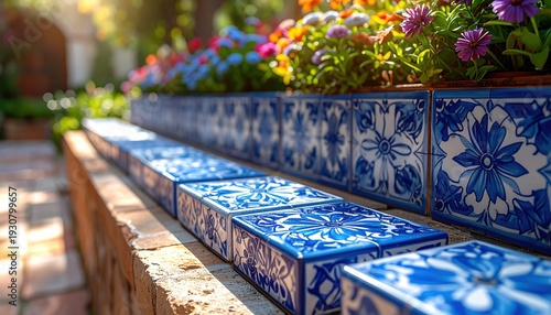 Close up of blue and white decorative ceramic tiles with floral patterns forming a border in a garden setting