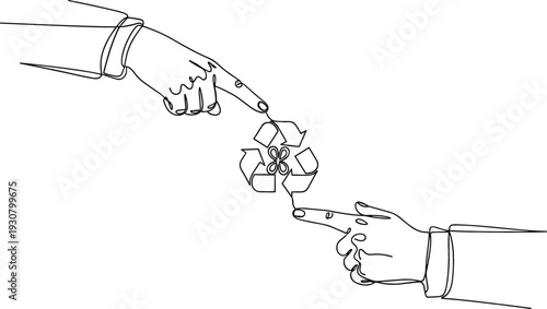 Continuous one line drawing of two hands pointing at a recycling symbol for environmental conservation and sustainability