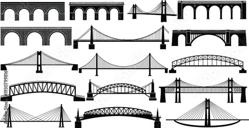 Bridge silhouette icon set, collection of suspension, arch and stone bridges isolated on white background vector illustration