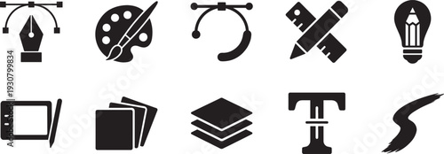 Graphic Design icon set, vector silhouette icons for creative projects, UI, web, apps, print, EPS file.