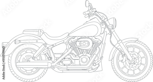 Outline drawing of a classic cruiser motorcycle side view for coloring pages