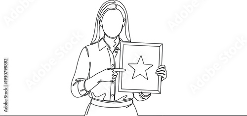 Continuous one line drawing of a woman holding a framed star award for success achievement and recognition
