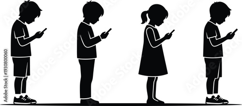 Children silhouettes using smartphones, kids screen time addiction concept isolated on white background digital technology vector illustration