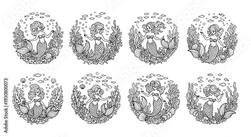 Collection of detailed black and white illustrations featuring various mermaid poses