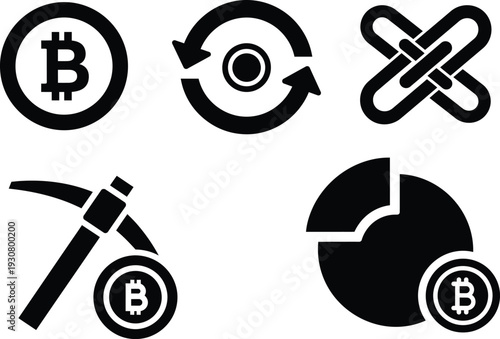 Vector icons depicting modern digital currency concepts, including secure network transactions, financial exchange processes, and investment analysis for emerging economic technologies