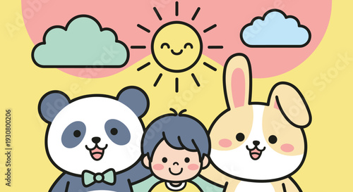 Cartoon Panda Rabbit and Child Smiling Together.