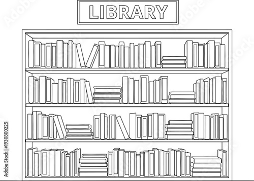 Library bookshelf line art vector illustration containing many books on wooden shelves for education and reading concepts
