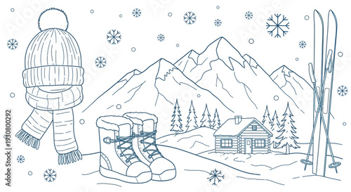 Cozy winter landscape with mountains, snow, cabin, and ski equipment line art illustration on isolated white background.