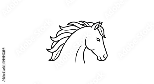 Elegant Line Art Drawing of a Horse Head with Flowing Mane, Majestic Horse Profile on Isolated White Background.