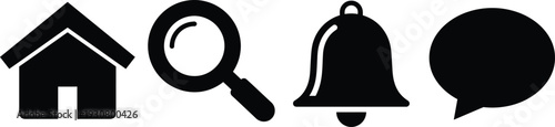 A collection of four simple black icons representing a house, magnifying glass, bell, and speech bubble for various digital or print applications