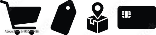 Foundational black vector icons for e-commerce. Features shopping cart, price tag, package delivery tracking, and secure credit card payment. Essential for online retail