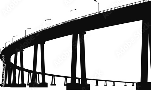 Curved bridge silhouette illustration, elevated highway overpass isolated on white background minimalist black vector design for urban infrastructure