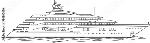 Luxury superyacht line art vector illustration of a modern multi deck motor yacht on water for marine design