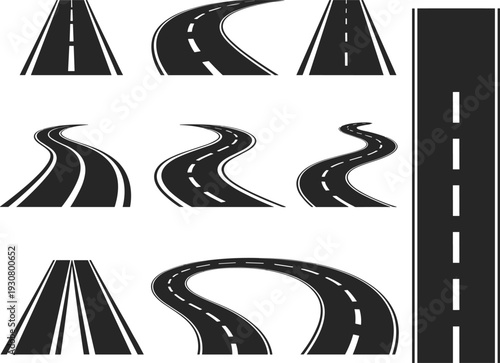 Road and highway silhouette icon set, straight and curved streets isolated on white background minimalist black vector illustration
